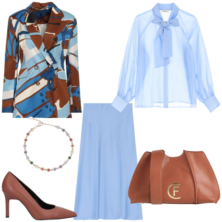 Outfit donna - Pastel Power - il pranzo di lavoro. Stile Chic per Ufficio. Abbinamento con décolleté, blazer, borse a tracolla, braccialetti, gonne longuette, camicie.