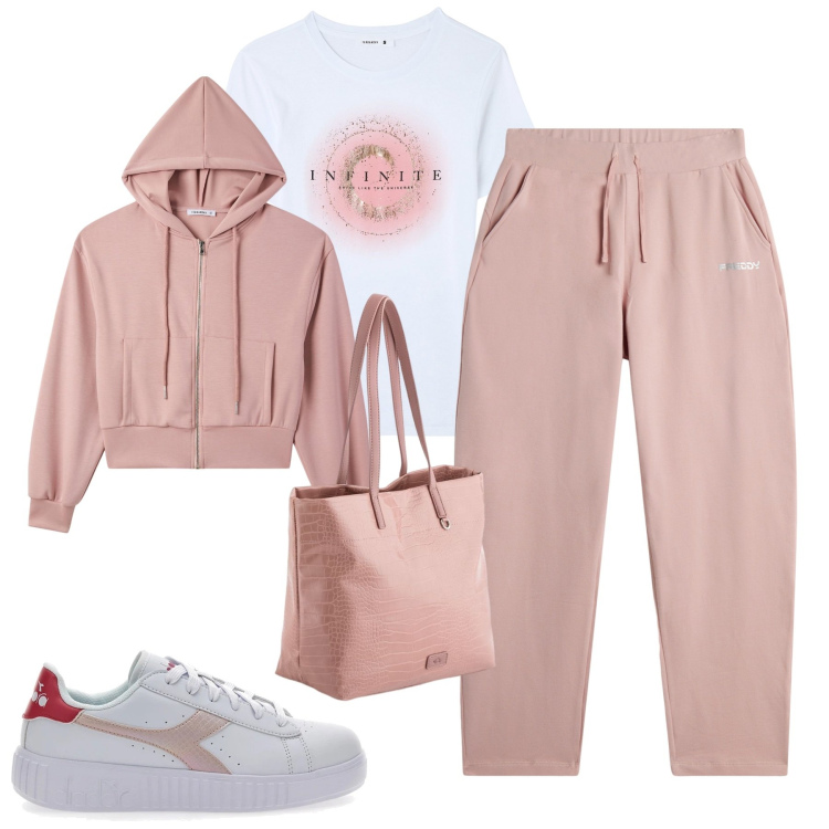 Outfit donna - Weekend. Stile Casual per Tutti i giorni. Abbinamento con t-shirt, felpe con cappuccio, pantaloni, sneakers, shopping bag.