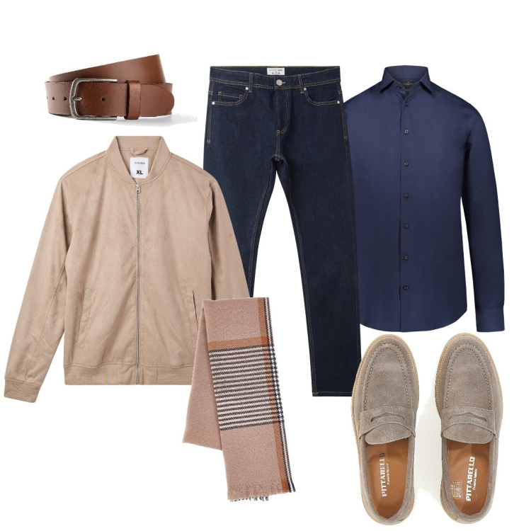 Outfit uomo - Accenno di Primavera. Stile Trendy per Tutti i giorni. Abbinamento con cinture, jeans skinny, bomber, camicie, sciarpe, scarpe stringate.