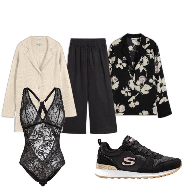 Outfit donna - Primavera Bonprix. Stile Bon Ton per Tutti i giorni. Abbinamento con body, cardigans, bluse, sneakers, pantaloni a palazzo.