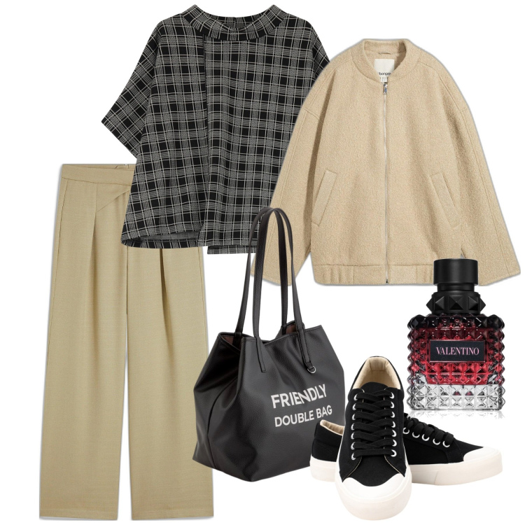 Outfit donna - Marzo. Stile Bon Ton per Tutti i giorni. Abbinamento con blazer, pantaloni, profumi, maglieria, sneakers, shopping bag.