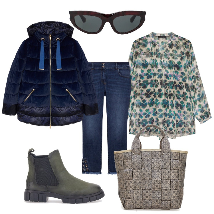 Outfit donna - In città. Stile Bon Ton per Tutti i giorni. Abbinamento con occhiali da sole, bluse, stivaletti chelsea, piumini, jeans skinny, borse a mano.