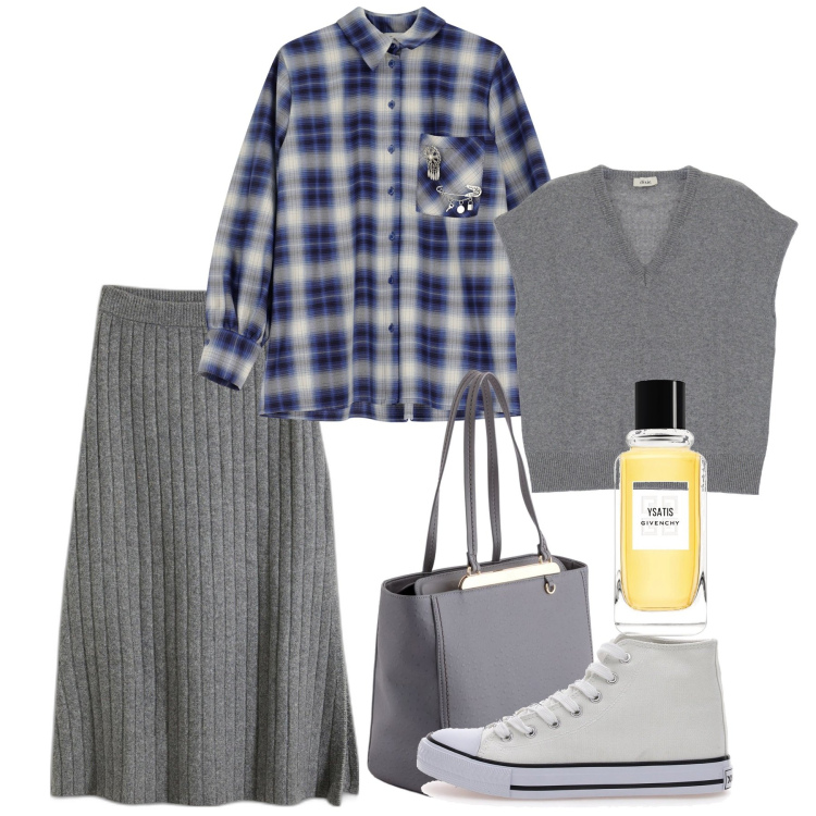 Outfit donna - Marzo. Stile Basic per Tutti i giorni. Abbinamento con gonne, profumi, camicie, gilet, sneakers, shopping bag.