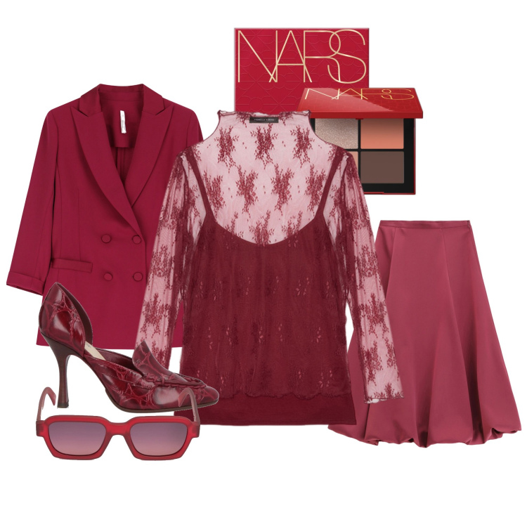 Outfit donna - Elegant Dark red 01. Stile Romantica per Ufficio. Abbinamento con décolleté, ombretti, gonne longuette, blazer, t-shirt, occhiali da sole.
