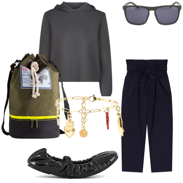 Outfit donna - Charms. Stile Casual per Tutti i giorni. Abbinamento con pantaloni, braccialetti, maglieria, borse a mano, ballerine, occhiali da sole.