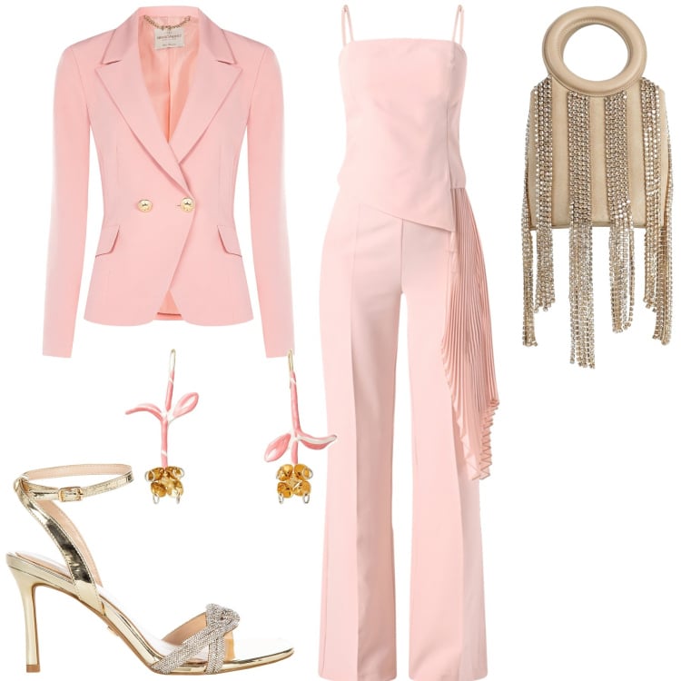 Outfit donna - Matrimonio. Stile Glamour per Cerimonia. Abbinamento con borse a secchiello, orecchini, tute, blazer, sandali col tacco.