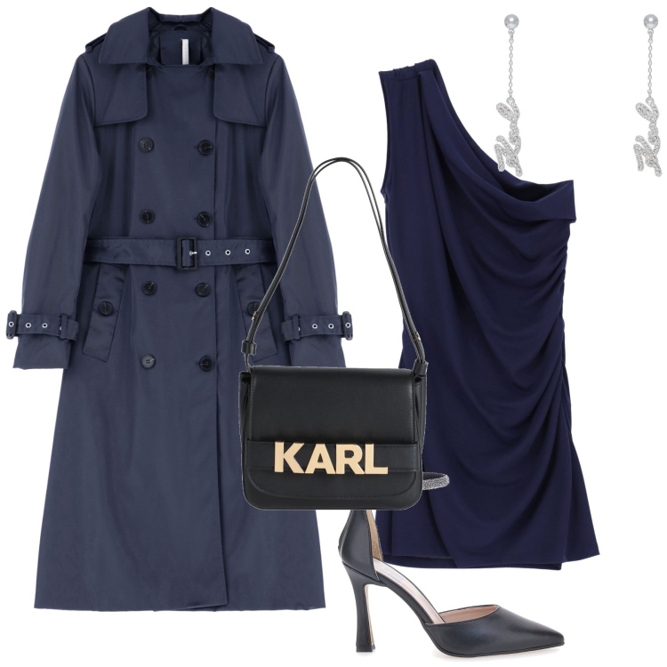 Outfit donna - Karl. Stile Glamour per Serata fuori. Abbinamento con borse a mano, orecchini, vestiti corti, trench, décolleté.
