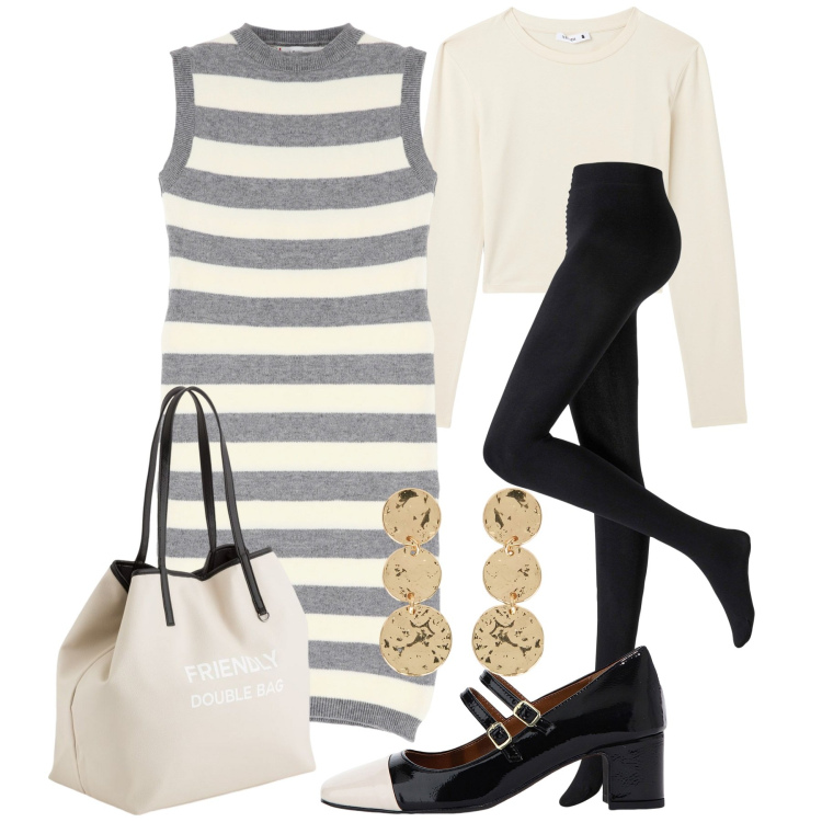 Outfit donna - Marzo. Stile Bon Ton per Tutti i giorni. Abbinamento con collant, t-shirt, vestiti, décolleté, shopping bag, orecchini.