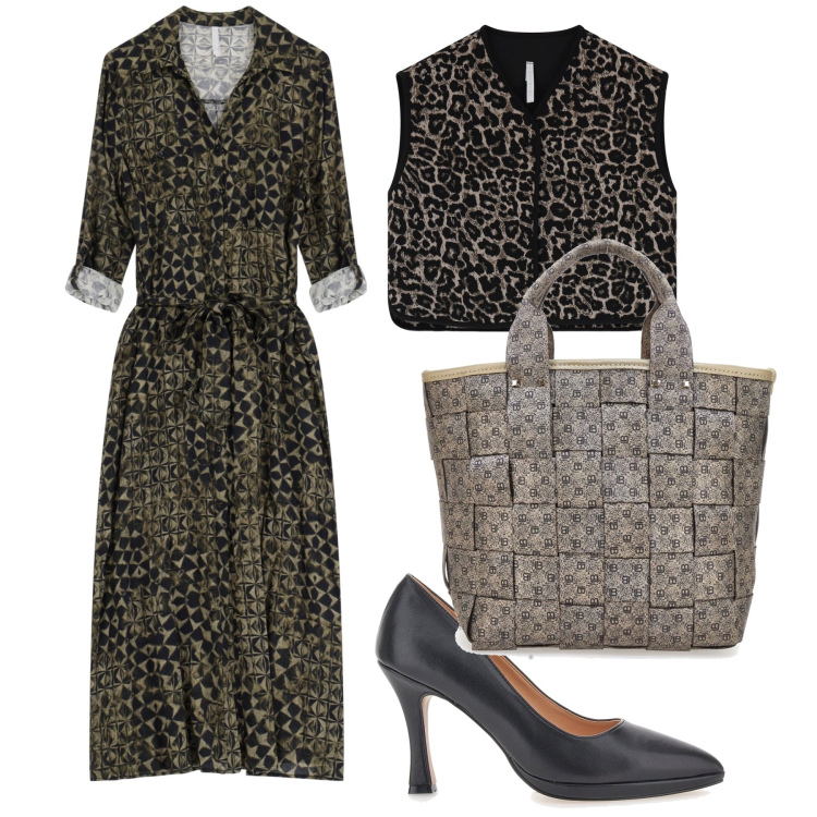 Outfit donna - Total look. Stile Urban per Ufficio. Abbinamento con vestiti, gilet, décolleté, borse a mano.