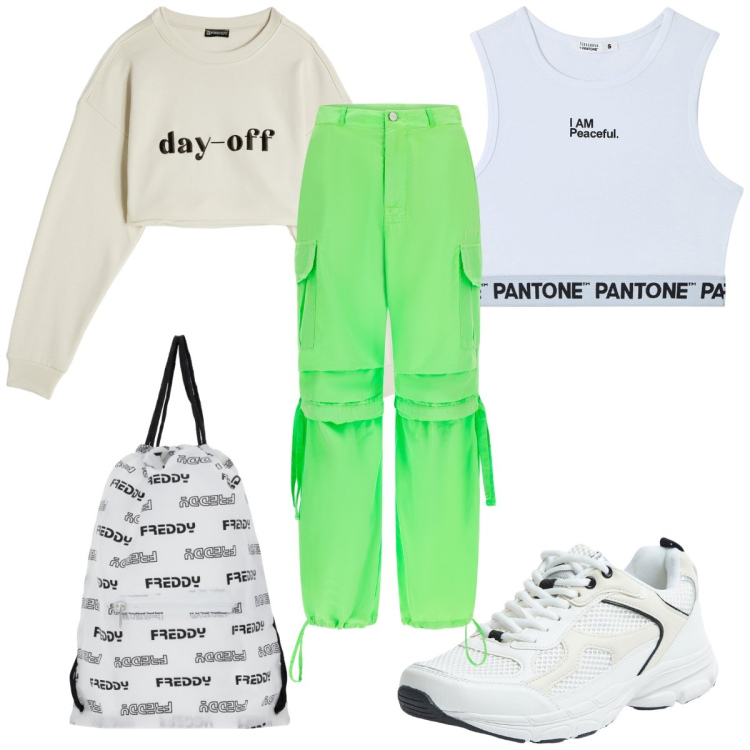 Outfit donna - Auguri a tutte le donne : donna sportiva. Stile Trendy per Sport. Abbinamento con sneakers, top, pantaloni cargo, felpe, zaini.