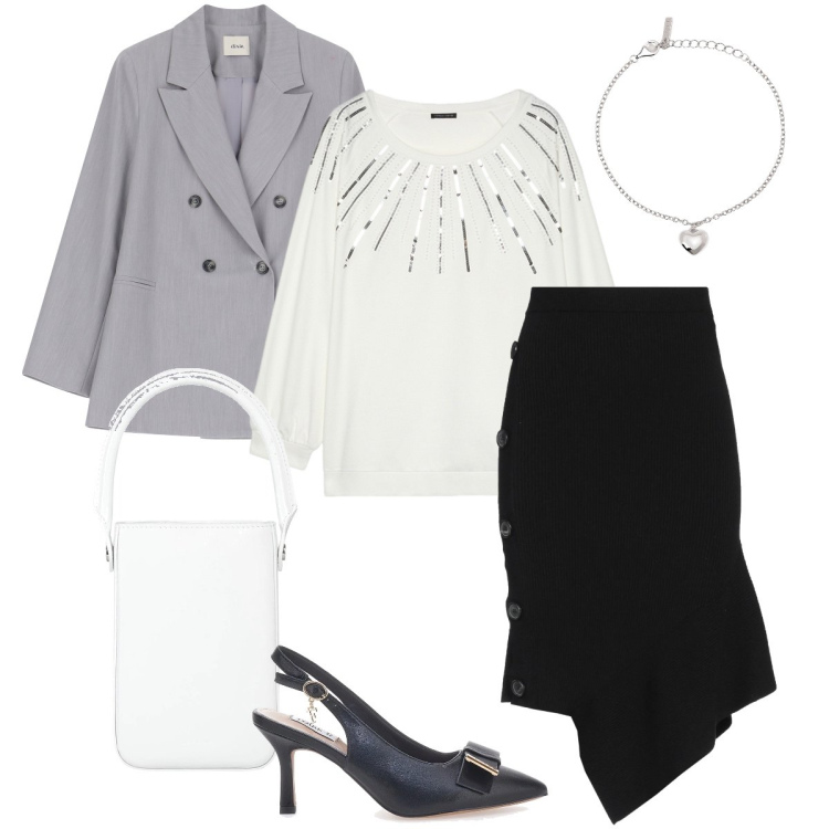 Outfit donna - La gonna asimmetrica. Stile Bon Ton per Serata fuori. Abbinamento con gonne longuette, borse a mano, braccialetti con ciondoli, felpe, blazer, décolleté.
