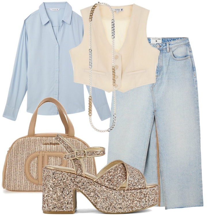 Outfit donna - Gonne midi. Stile Glamour per Tutti i giorni. Abbinamento con camicie, gonne lunghe, gilet, sandali, collane, borse a spalla.