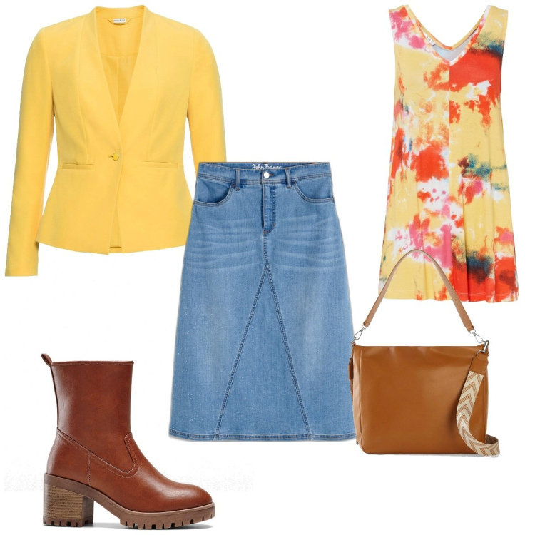 Outfit donna - Explore Springtime : allegria primaveril. Stile Trendy per Tutti i giorni. Abbinamento con gonne, blazer, stivaletti, top, shopping bag.