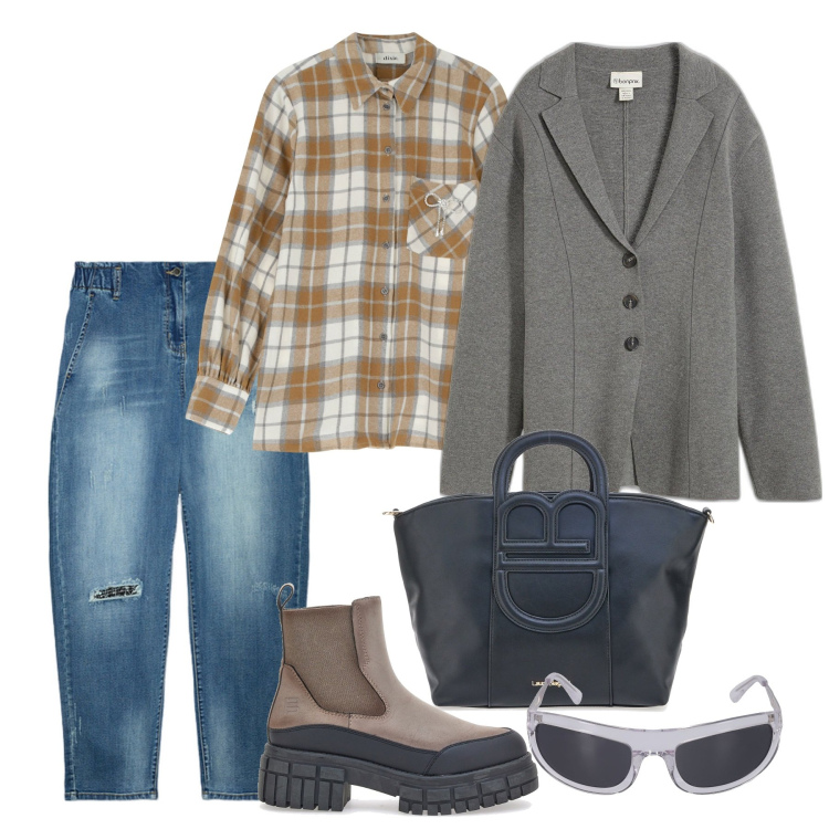 Outfit donna - Marzo. Stile Basic per Tutti i giorni. Abbinamento con cardigans, camicie, stivaletti chelsea, jeans dritti, borse a tracolla, occhiali da sole.