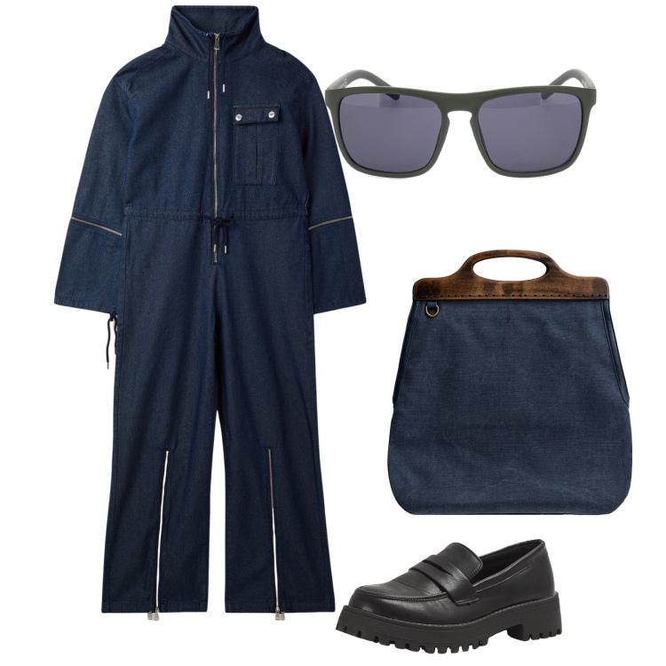 Outfit donna - Utility look. Stile Mannish per Tutti i giorni. Abbinamento con tute, mocassini, borse a tracolla, occhiali da sole.