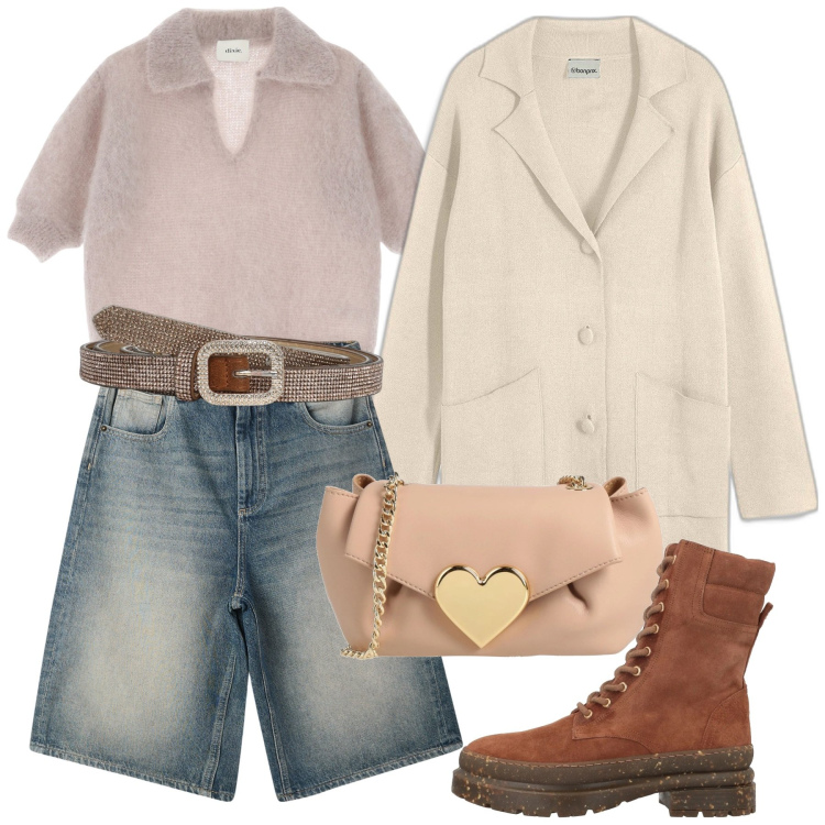 Outfit donna - Urban chic. Stile Urban per Tutti i giorni. Abbinamento con cardigans, borse a tracolla, anfibi, bermuda, cinture, maglieria.