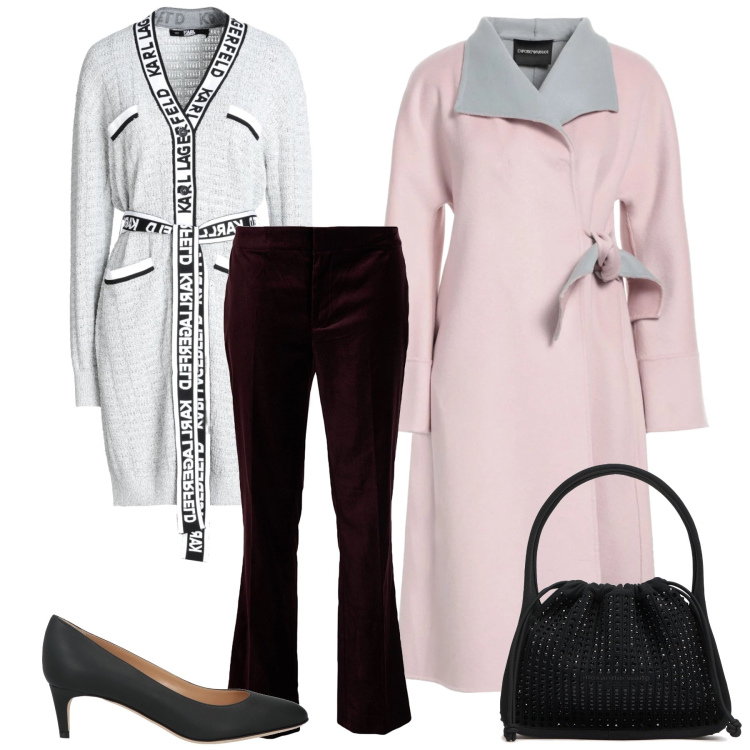 Outfit donna - Total look. Stile Chic per Ufficio. Abbinamento con cappotti, décolleté, cardigans, pantaloni, borse a mano.