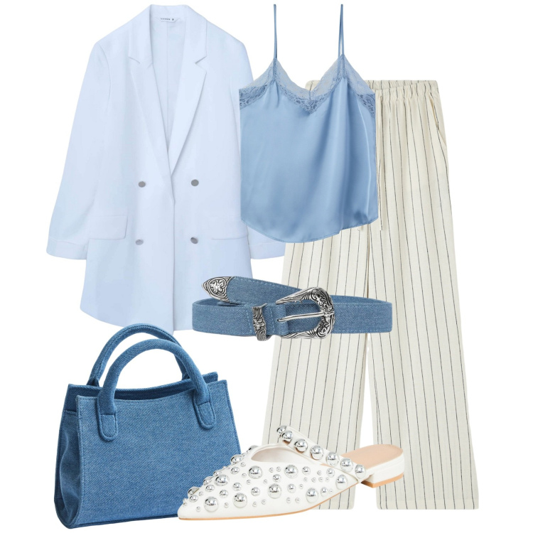Outfit donna - Pastello power. Stile Bon Ton per Tutti i giorni. Abbinamento con pantaloni, ballerine, cinture, blazer, borse a tracolla, top.