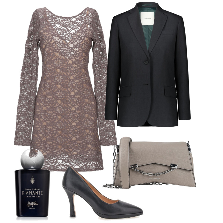Outfit donna - Pranzo di lavoro. Stile Chic per Ufficio. Abbinamento con vestiti corti, borse a tracolla, profumi, blazer, décolleté.