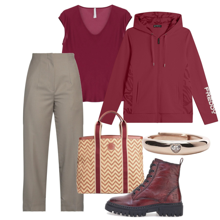 Outfit donna - Ciliegia. Stile Casual per Tutti i giorni. Abbinamento con pantaloni, borse a mano, anelli, top, felpe con cappuccio, anfibi.