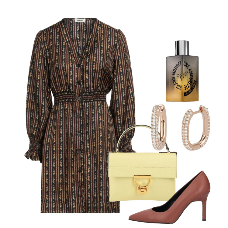 Outfit donna - Occasione formale. Stile Bon Ton per Tutti i giorni. Abbinamento con vestiti corti, décolleté, borse a mano, profumi, orecchini.