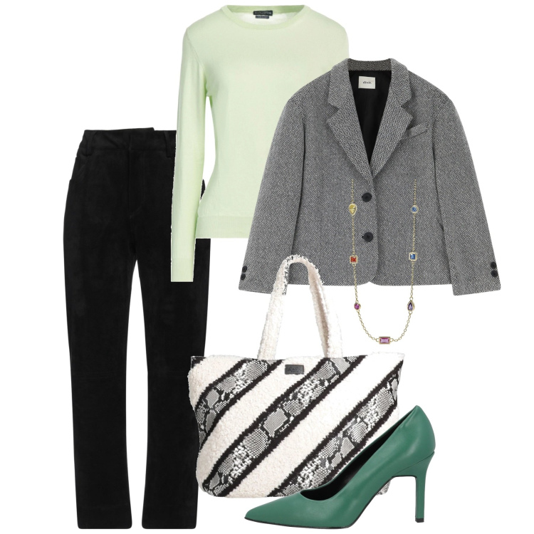 Outfit donna - Marzo. Stile Bon Ton per Tutti i giorni. Abbinamento con décolleté, pantaloni, pullovers, borse a mano, collane, blazer.