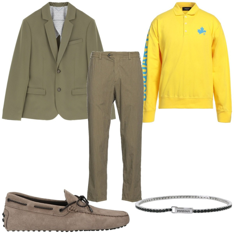 Outfit uomo - Preppy in verde. Stile Trendy per Tutti i giorni. Abbinamento con polo, pantaloni chino, scarpe stringate, braccialetti, giacche.