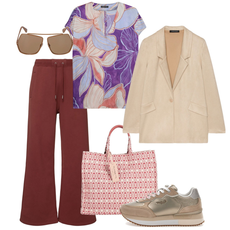 Outfit donna - Primi fiori. Stile Basic per Tutti i giorni. Abbinamento con borse a mano, blazer, sneakers, pantaloni, occhiali da sole, bluse.