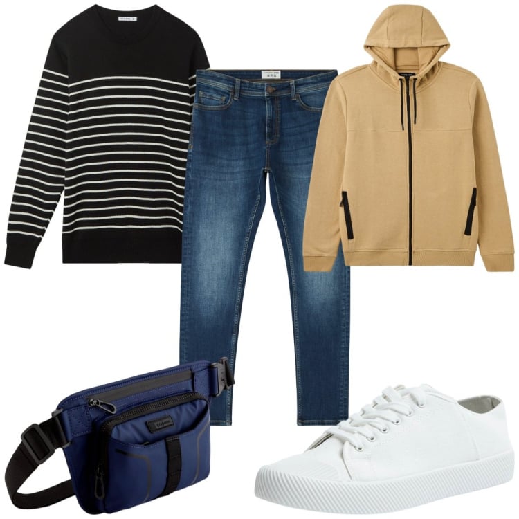 Outfit uomo - Esplosione di stampe a righe : il maglio. Stile Trendy per Tutti i giorni. Abbinamento con jeans skinny, maglieria, sneakers, felpe sportive, borse sportive.