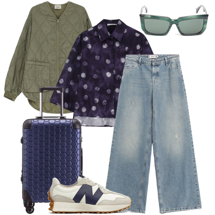 Outfit donna - Visitare una città d’arte. Stile Urban per Tutti i giorni. Abbinamento con sneakers, jeans, camicie, giacche, occhiali da sole, valigie.