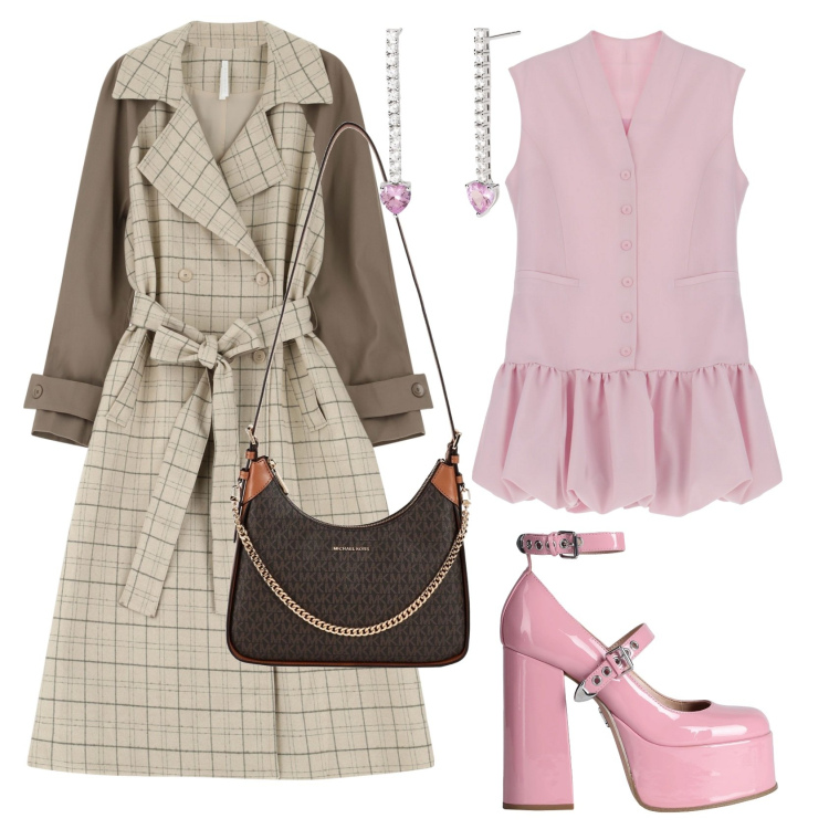 Outfit donna - Pastello power. Stile Romantica per Tutti i giorni. Abbinamento con borse a tracolla, décolleté, orecchini, vestiti corti, trench.