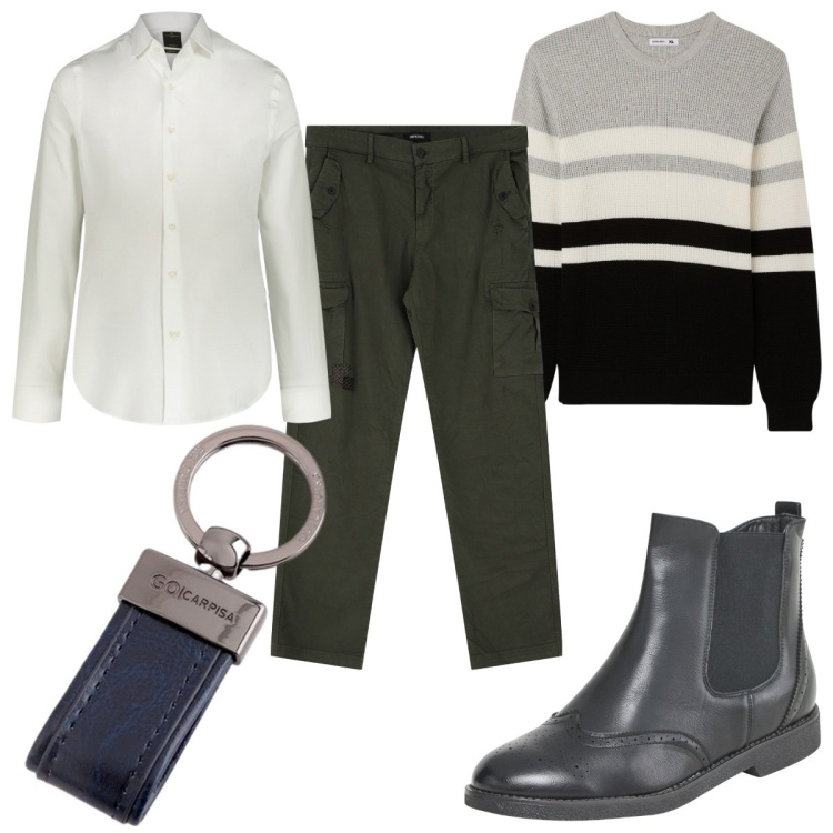 Outfit uomo - Total look #2075980. Stile Casual per Tutti i giorni. Abbinamento con stivali e stivaletti, maglieria, pantaloni cargo, camicie, portachiavi.