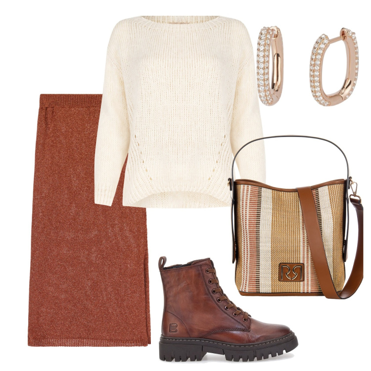 Outfit donna - Total look #2075983. Stile Casual chic per Tutti i giorni. Abbinamento con gonne longuette, orecchini, maglieria, borse a secchiello, anfibi.