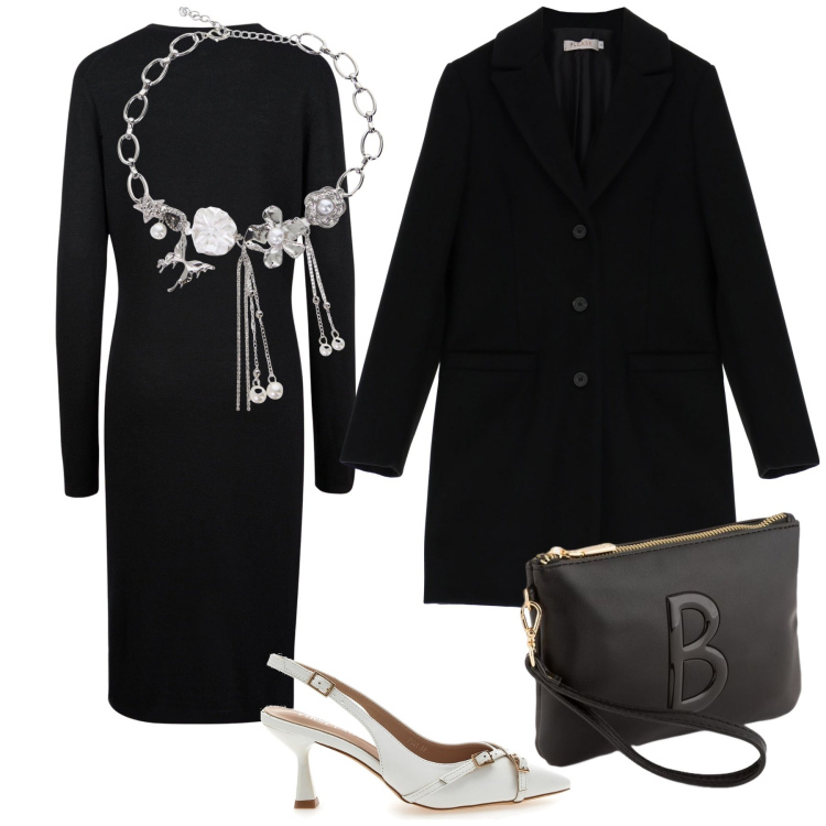 Outfit donna - Serata evento. Stile Bon Ton per Serata fuori. Abbinamento con cappotti, collane, décolleté, vestiti midi/longuette, pochette.