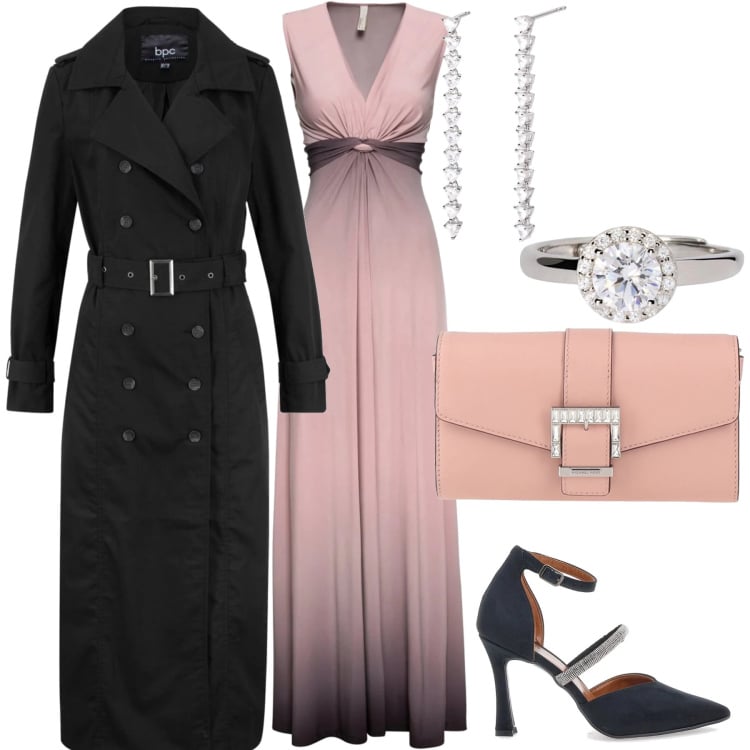 Outfit donna - La mia notte degli Oscar. Stile Glamour per Serata fuori. Abbinamento con trench, vestiti, borse a mano, anelli, orecchini, décolleté.