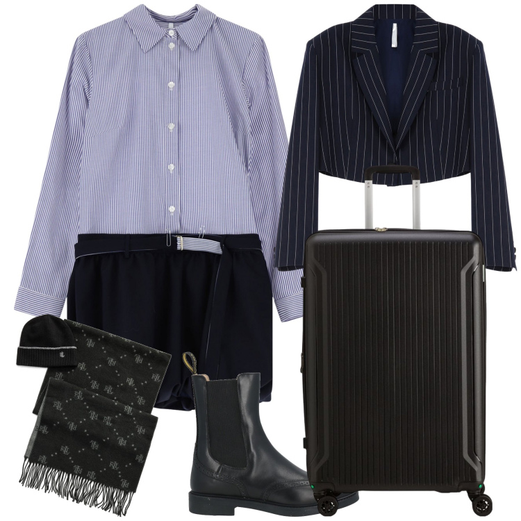 Outfit donna - Aeroporto. Stile Urban per Tutti i giorni. Abbinamento con stivaletti chelsea, sciarpe, vestiti corti, blazer, valigie.