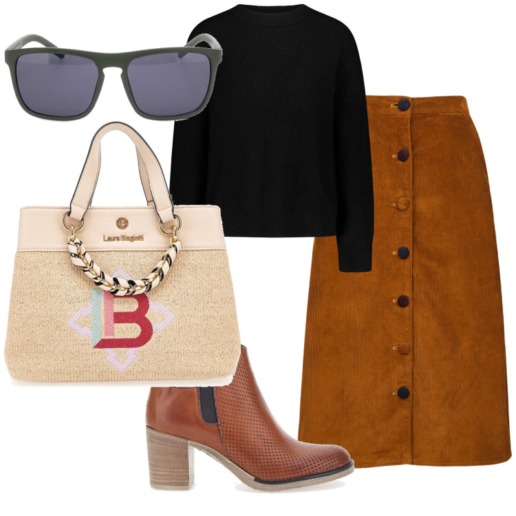 Outfit donna - Caffè pausa lavoro. Stile Urban per Ufficio. Abbinamento con gonne longuette, stivaletti, maglieria, borse a mano, occhiali da sole.