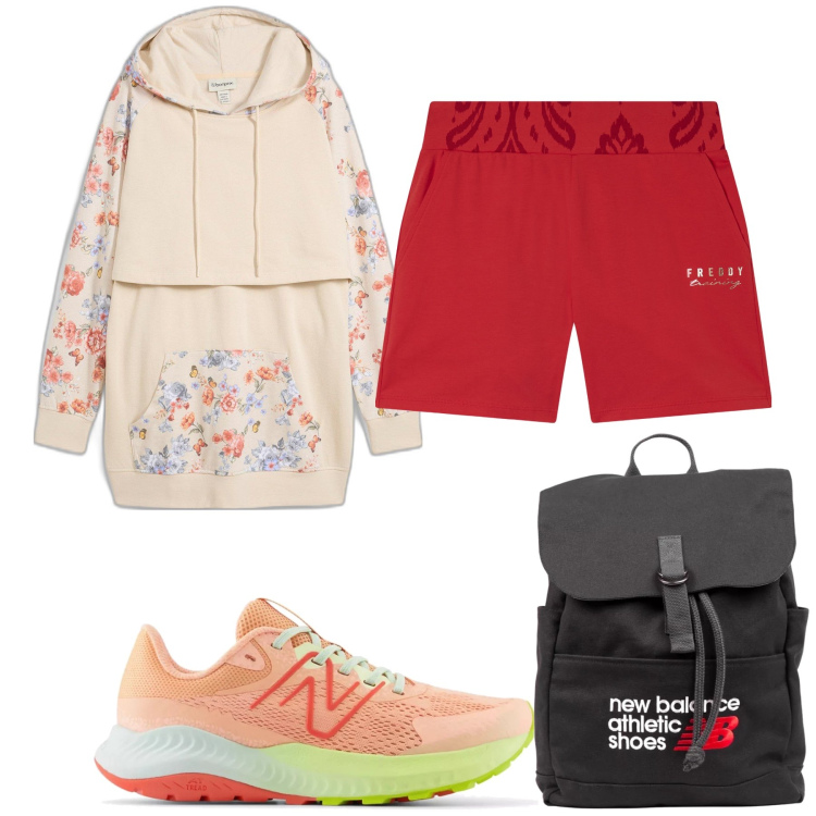Outfit donna - Shorts rossi primaverili. Stile Sporty chic per Tutti i giorni. Abbinamento con felpe, sneakers, zaini, shorts.
