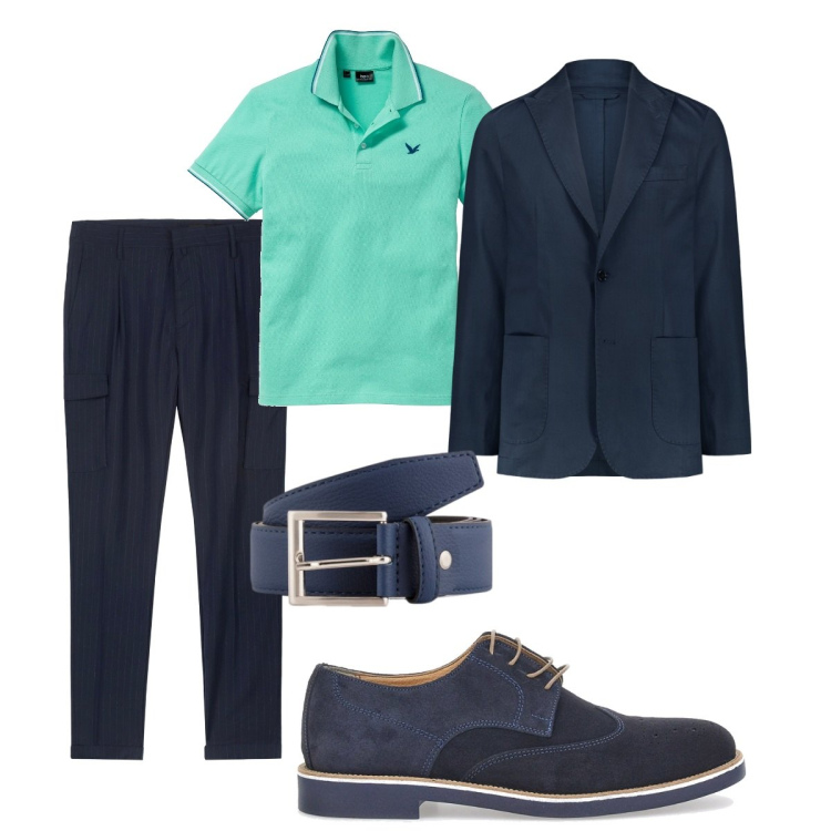Outfit uomo - La giacca con la polo a primavera. Stile Business/Elegante per Ufficio. Abbinamento con polo, scarpe stringate, pantaloni cargo, giacche, cinture.