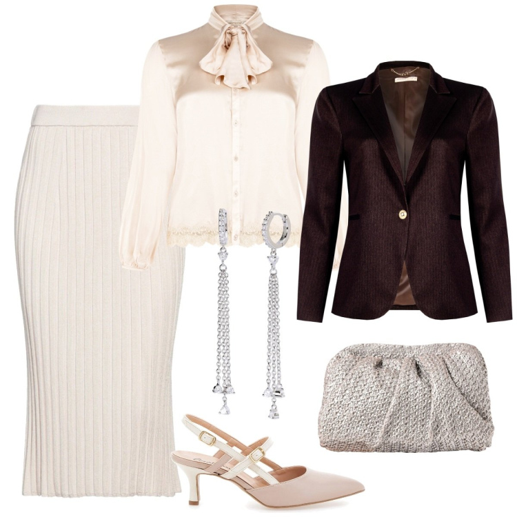 Outfit donna - Gonne midi per la primavera. Stile Chic per Cerimonia. Abbinamento con gonne longuette, orecchini, blazer, clutch, camicie, décolleté.