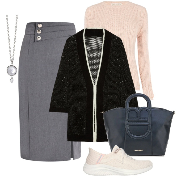 Outfit donna - Gonne midi per la primavera. Stile Bon Ton per Ufficio. Abbinamento con collane, gonne longuette, maglieria, cardigans, sneakers, borse a tracolla.