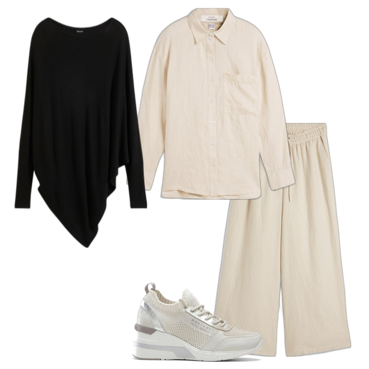 Outfit donna - Maglia protagonista. Stile Casual chic per Ufficio. Abbinamento con maglieria, sneakers, pantaloni a palazzo, camicie.