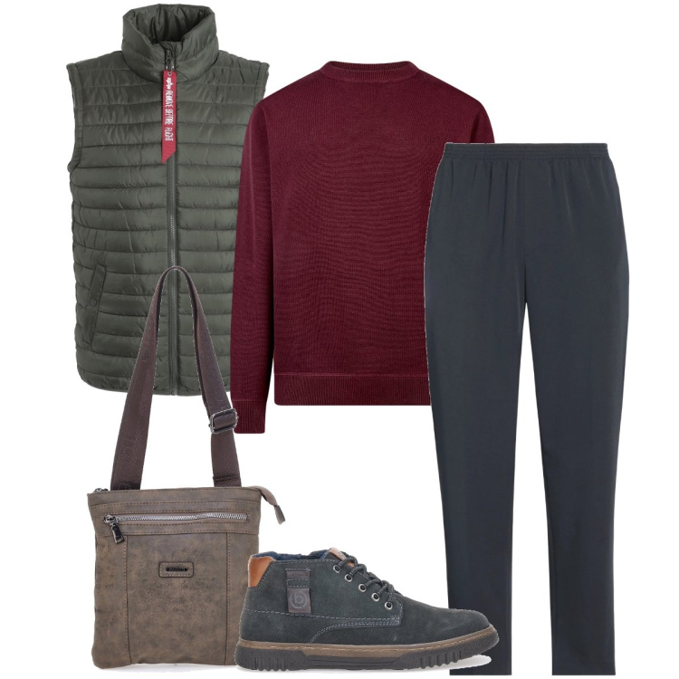 Outfit uomo - Il piumino smanicato. Stile Casual per Ufficio. Abbinamento con giacche, pantaloni, portafogli, maglieria, scarpe stringate.