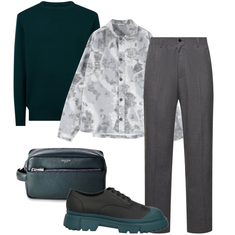 Outfit uomo - Dettagli verde petrolio. Stile Trendy per Ufficio. Abbinamento con scarpe stringate, borse sportive, camicie, maglieria, pantaloni.
