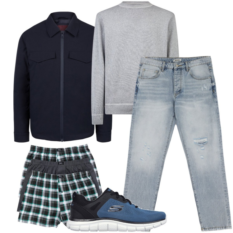 Outfit uomo - I boxer a fantasia. Stile Casual per Tutti i giorni. Abbinamento con boxer, jeans strappati, sneakers, maglieria, piumini.
