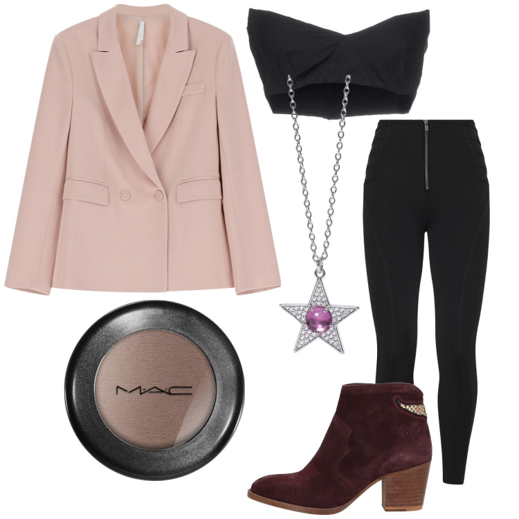Outfit donna - Total look #2076026. Stile Sexy per Serata fuori. Abbinamento con top, stivaletti, ombretti, ciondoli, blazer, pantaloni skinny.