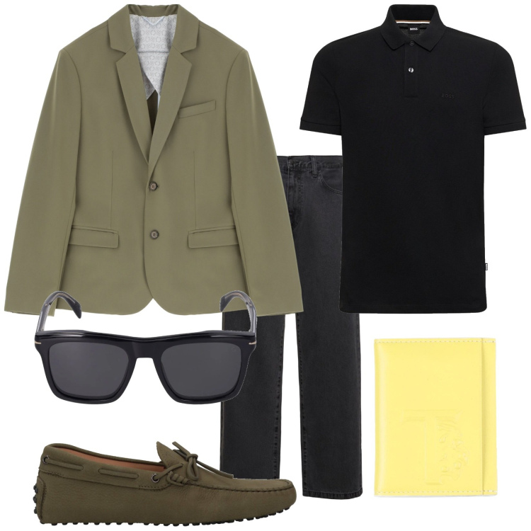 Outfit uomo - Blazer Polo e Mocassini. Stile Trendy per Tutti i giorni. Abbinamento con scarpe stringate, portafogli, giacche, occhiali da sole, polo, pantaloni.