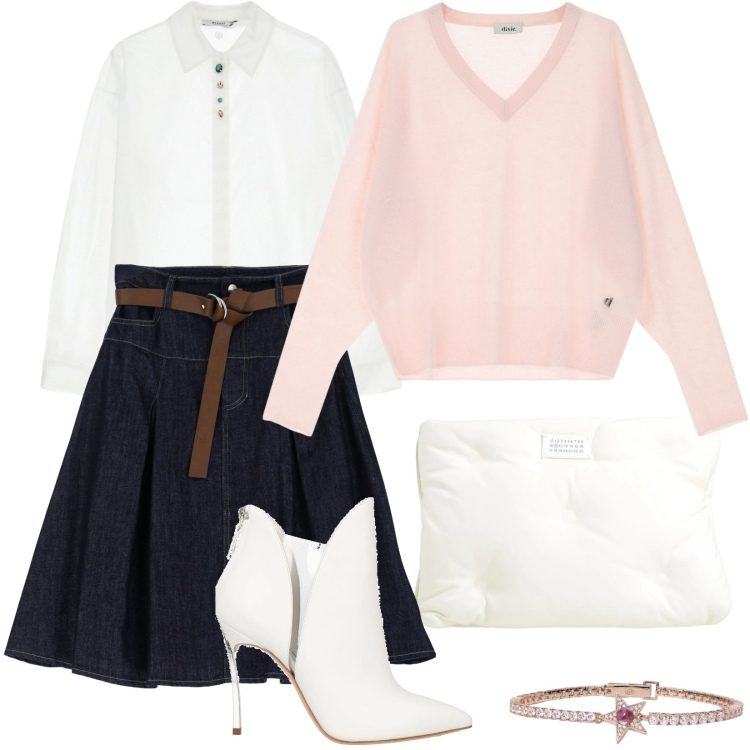 Outfit donna - Gonna in denim dark blu. Stile Urban per Tutti i giorni. Abbinamento con stivaletti, borse a mano, braccialetti, camicie, gonne longuette, pullovers.