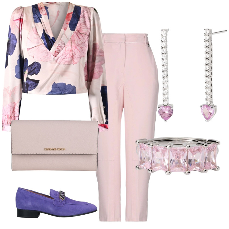 Outfit donna - Tocchi di colore. Stile Chic per Cerimonia. Abbinamento con mocassini, pantaloni, borse a mano, anelli, orecchini, bluse.