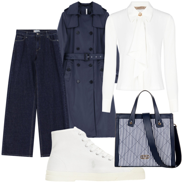 Outfit donna - Donne. Stile Basic per Tutti i giorni. Abbinamento con bluse, shopping bag, jeans a zampa, trench, sneakers alte.